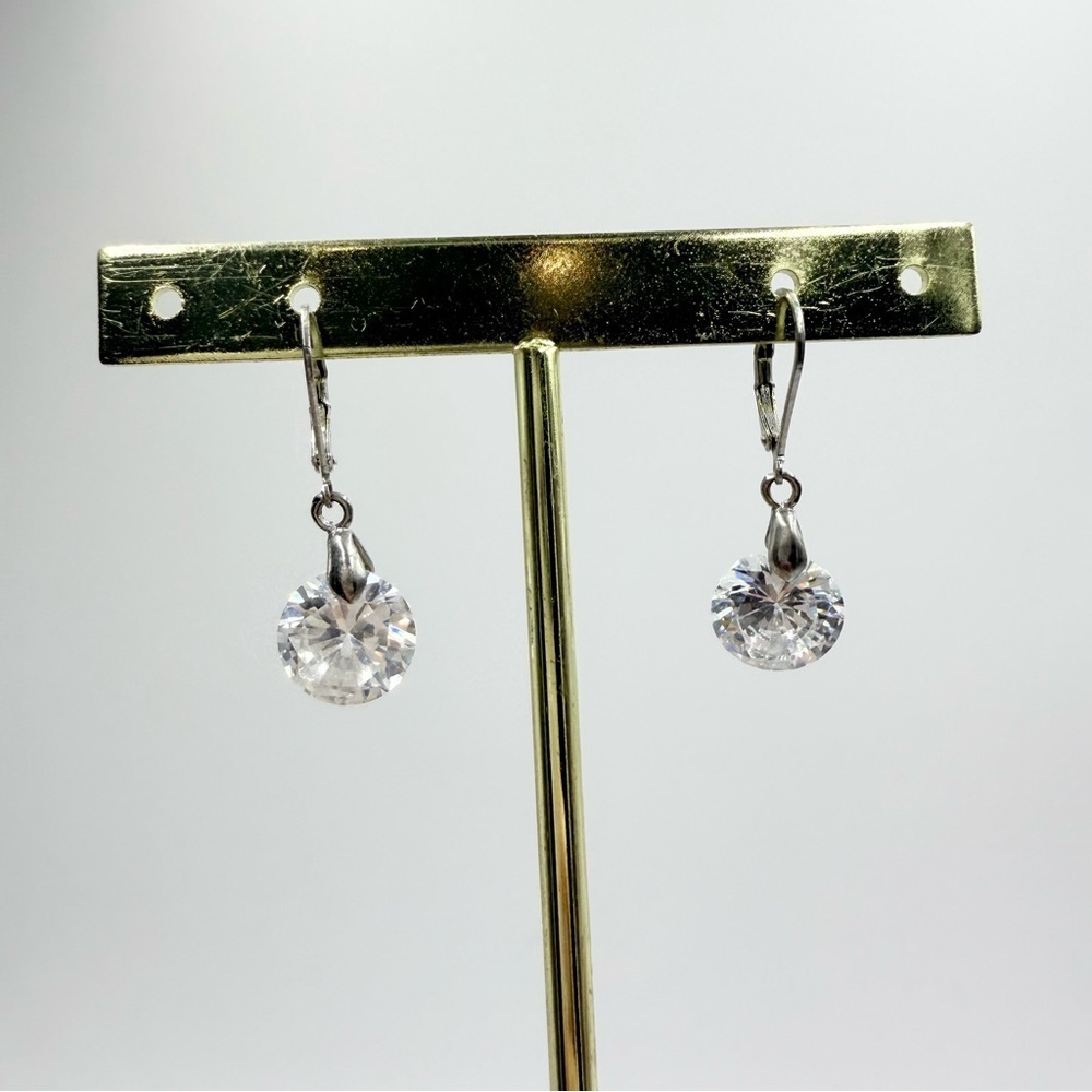Silver Tone Round White Crystals Dangle Hook Stud Earrings